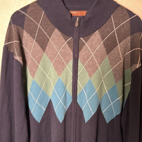 Perry Ellis Full Zip‑Up Long Sleeve Cardigan Sweater XXL Navy Argyle 100% Cotton - Picture 3 of 6